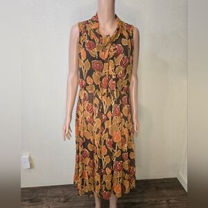 Isaac Mizrahi Dress Womens 6 Brown Floral Maxi Bow Collar Sleeveless Pleats